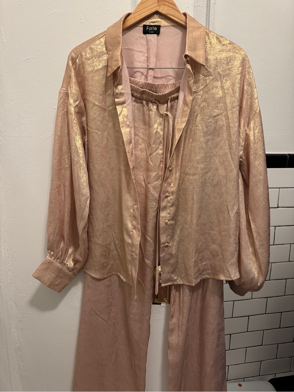 Fate Metallic Blush Button-Up Shirt and Pants Set
